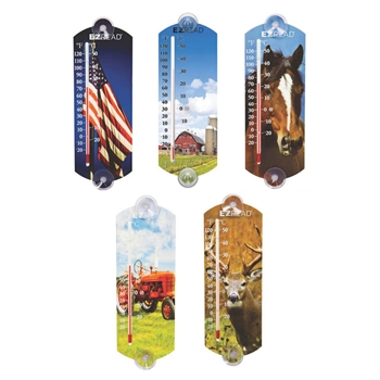 10" Indoor/Outdoor Thermometer Set - Flag, Buck, Tractor, Horse, Farm; 5 assorted, 10/case