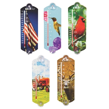 10" Indoor/Outdoor Thermometer Set - Cardinal, Flag, Buck, Hummingbird, Tractor; 5 assorted, 10/case