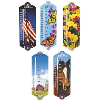 10" Indoor/Outdoor Thermometer Set - Flag, Horse, Flowers, Farm, Butterfly; 5 assorted, 10/case