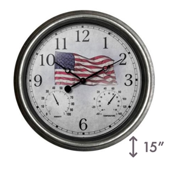 15" Galvanized Clock - Flag, 4/case