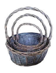 S/3 Greywash Willow Round Baskets w/ Handles & Liners