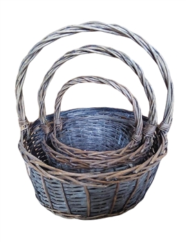 S/3 Greywash Willow Round Baskets w/ Handles & Liners