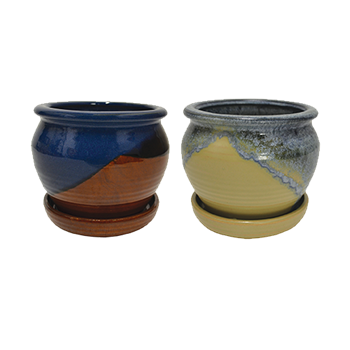 6" Round Ceramic Fusion Pots w/ Attached Saucer (holds a 4.5" pot), 2 Assorted Colors, 6 Per Case