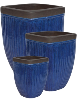 S/3 Square Glazed Ironstone Pots w/ Unglazed Rims - Dark Blue