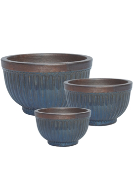 S/3 Low Round Ironstone Bowls w/ Unglazed Rims - Deep Sea Blue