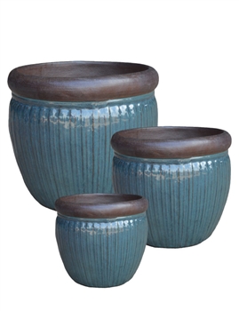 S/3 Round Ironstone Pots w/ Unglazed Rims - Deep Sea Blue