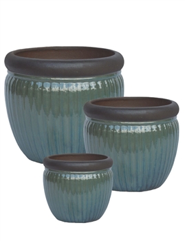 S/3 Round Ironstone Pots w/ Unglazed Rims - Falling Green