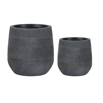 S/2 Hannah Varying Stripe Fiberclay Pots w/ Drain Hole - Black Wash