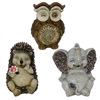 Animal Figurine Set - Elephant, Owl, Hedgehog, 3 Assorted (6/case)