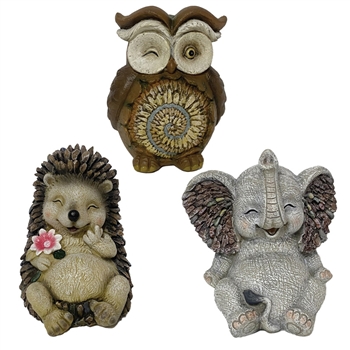 Animal Figurine Set - Elephant, Owl, Hedgehog, 3 Assorted (6/case)